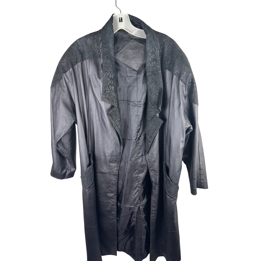 Vintage Black Genuine Leather Trench Coat Paisley Embossed Yoke Mens Medium